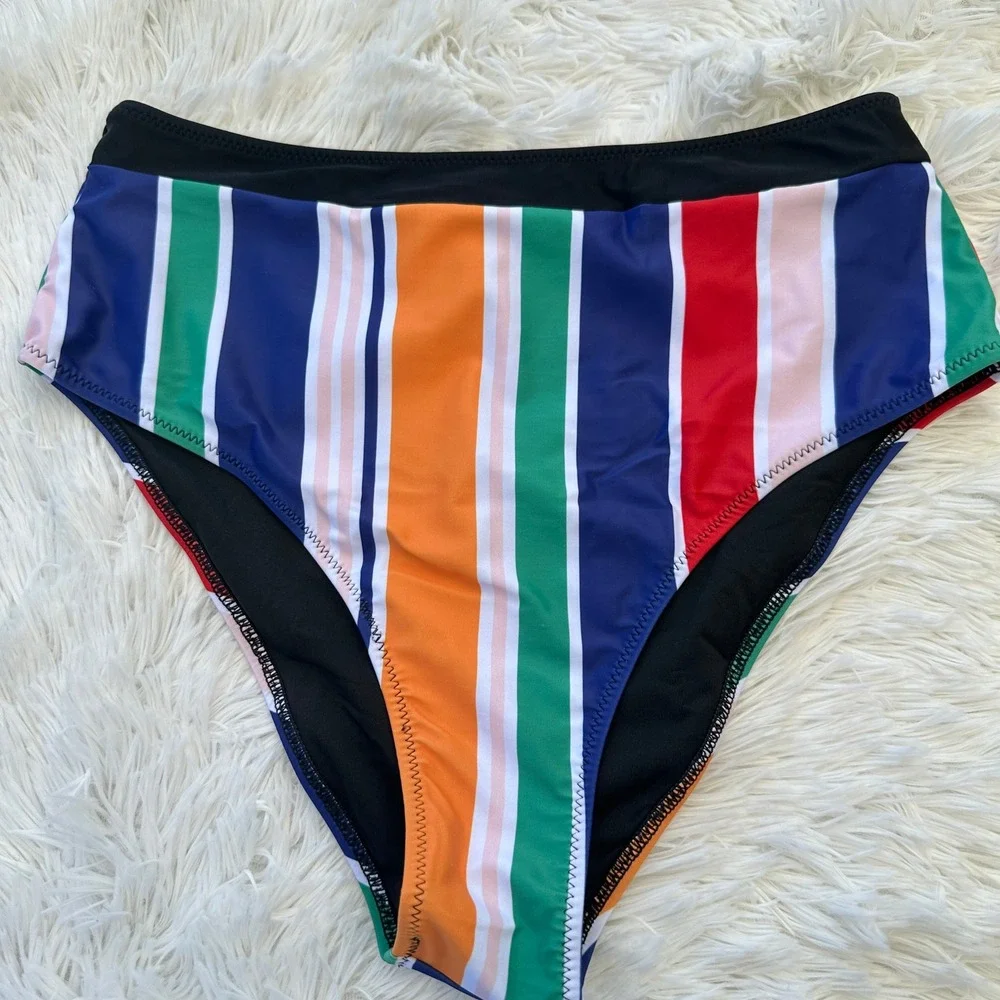 Live Life On The Beach Bottom High Waist Striped Swimsuit Beach Retro Large‎ NWT